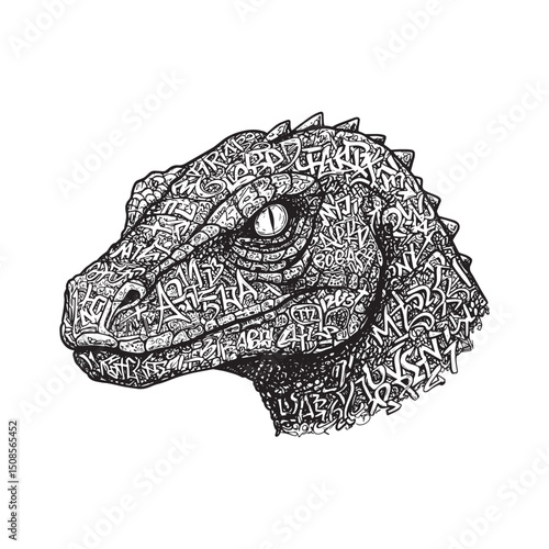 Monochrome Vector Illustration of Reptilian Head Covered in Graf