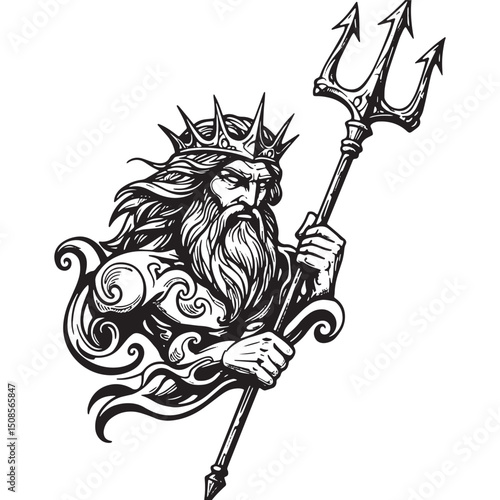 Detailed Neptune God Illustration with Trident and Crown in Blac