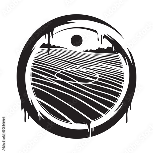 Monochrome Crop Circle Icon with Paint Drips for Apparel Printin