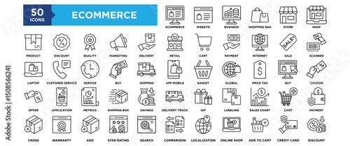 50 Ecommerce icon set. Containing design Ecommerce, Website, Business, Shopping Bag, Store	
