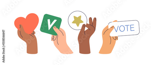 Hands with election concept symbols, calling for voting. Voters holding heart, checkmark, star, voice and support signs for political campaign. Flat vector illustration isolated on white background.