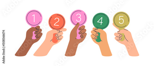 Jury hands holding scoring cards with 1, 2, 3, 4, 5 grades. Judging competition with numbers on scorecards, evaluating, rating in contest, game. Flat vector illustration isolated on white background.