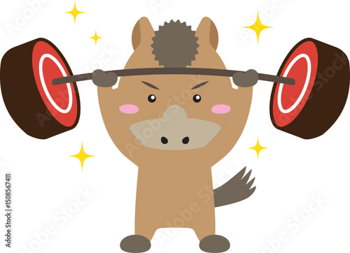 筋トレする馬キャラと肉バーベルのユニークな干支イラスト
