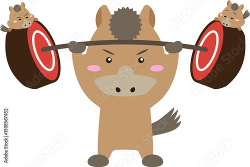 ミニ馬をのせたバーベルを持ち上げる午年キャラのユニークイラスト