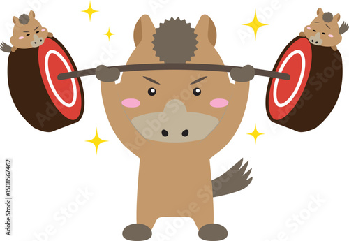 ミニ馬をのせたバーベルを持ち上げる午年キャラのユニークイラスト
