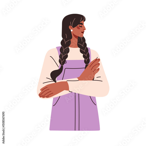 Confident young woman with braids hairstyle, arms crossed on chest. Female character with self-assured proud face expression, selfish pose. Flat vector illustration isolated on white background.