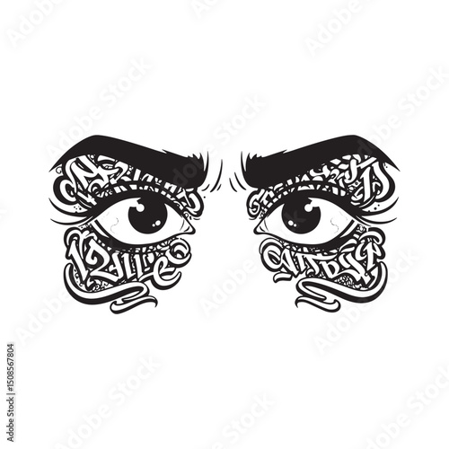 Expressive Eyes with Graffiti Art in Black and White Vector Illu