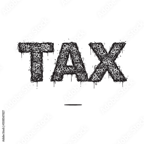Tax word with graffiti tags, black and white vector illustration