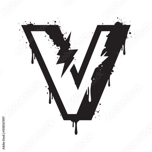 Stencil Dripping Paint Volt V Icon, Black and White Vector for A
