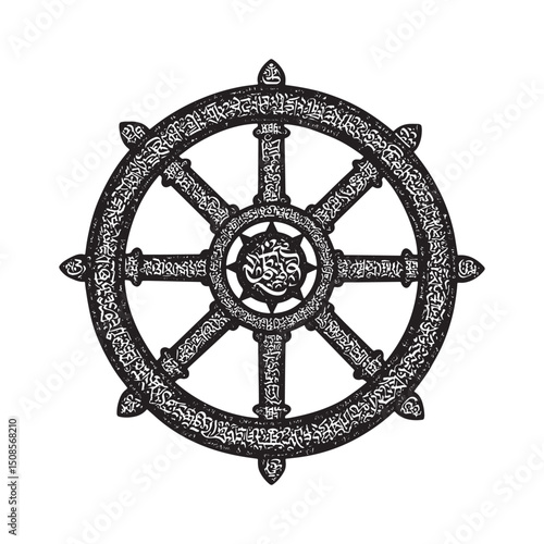 Striking black and white Dharma Wheel icon with graffiti styling