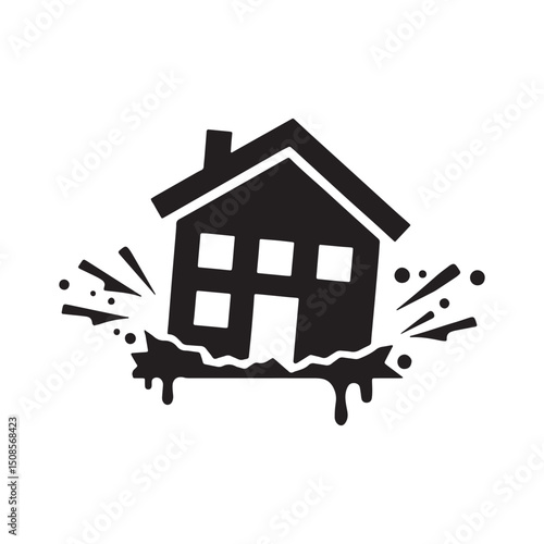 Earthquake Damaged House Icon with Dripping Paint Stencil Effect