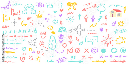 Hand drawn crayon child pencil style icon set. Cute rainbow, heart, crown, flower and sun in colorful kid doodle style. Chalk texture, cloud, smile, star and sketch figure for play or school design　