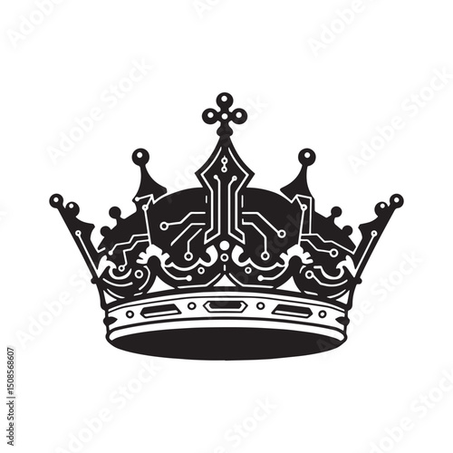 Cyberpunk Royal Icon, Black and White Vector Crown for Merchandi