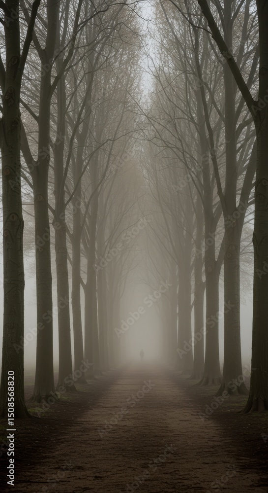 Mysterious Foggy Path: A Solitary Figure Walking Through a Misty Tree-Lined Avenue Mysterious Foggy Path: A Solitary Figure Walking Through a Misty Tree-Lined Avenue
