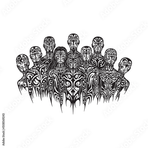 Tribal Tattoo Styled People Group Vector Illustration for Mercha