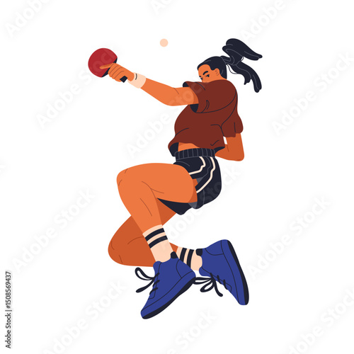 Ping pong athlete in action. Dynamic female player hitting, serving ball with racket paddle. Table tennis, sports game with pingpong racquet. Flat vector illustration isolated on white background.