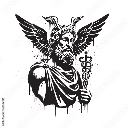 Hermes Trismegistus stencil art with dripping paint for apparel