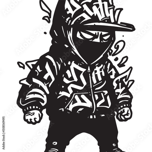 Monochrome Cartoon Character with Graffiti-Inspired Clothing and
