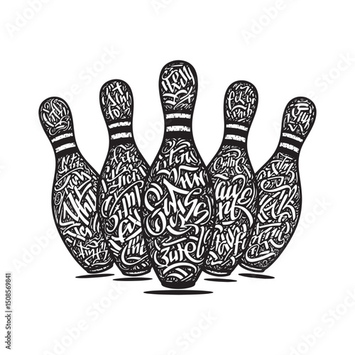Striking Style, Black and White Vector Image of Bowling Pins wit
