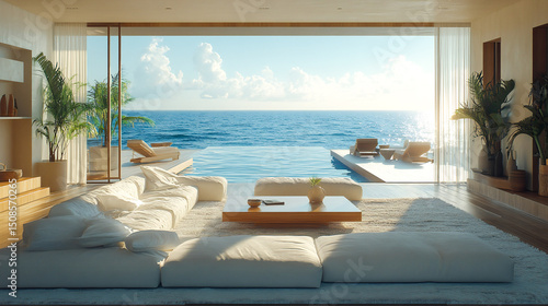 Luxury beach house living room, modern architecture, ocean front property landscape. Sleek contemporary designer furniture, minimalist deco interior, large window, panoramic coastal view background