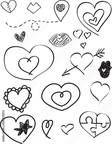 Collection of different hearts drawn with black curved lines, cracked heart, heart with location, double heart, heart with arrow, puzzle heart, lips, broken heart