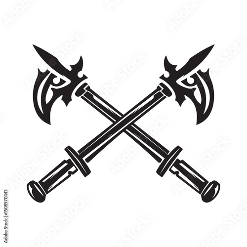 Futuristic crossed battle axes icon with cyberpunk elements, bla