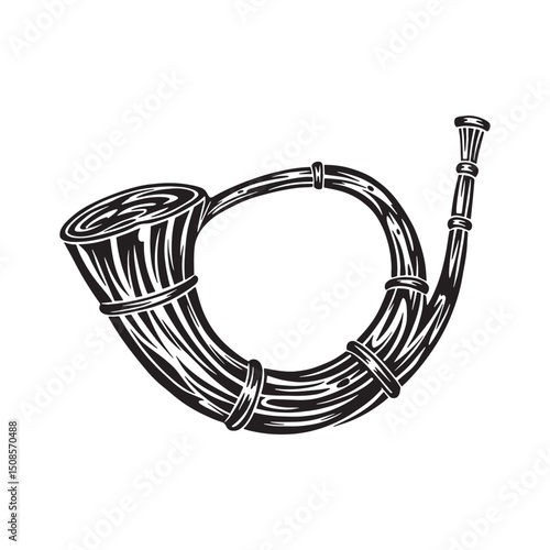 Vintage Huntsman's Horn Illustration with Tribal Tattoo Design S