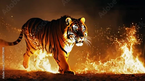 Fiery tiger in flames walking through sparks