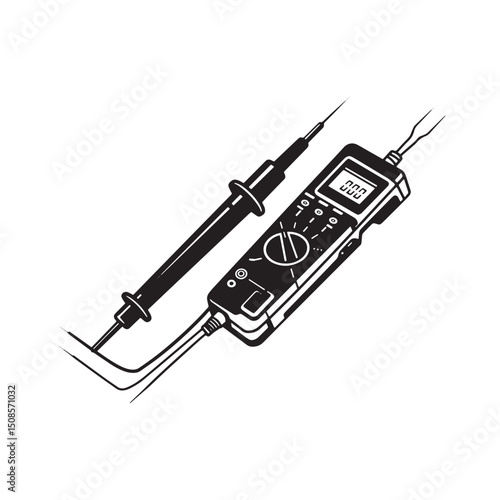 Cyberpunk Voltage Tester Icon, Black and White Vector for Appare