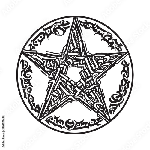 Intricate Witch's Pentagram Icon with Graffiti Art - Black and W