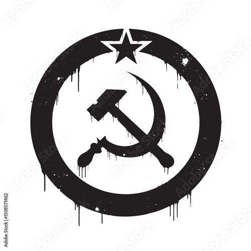 Hammer and Sickle Emblem with Dripping Paint Stencil Effect in V