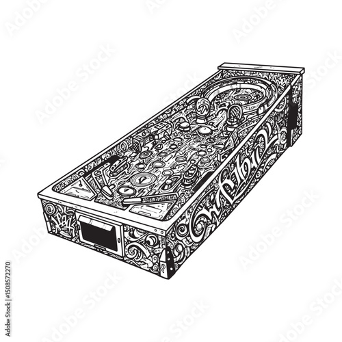 Detailed black and white vector illustration of a pinball machin