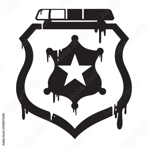 Police Badge with Dripping Paint - Black and White Vector Illust