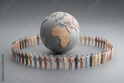 A circle of people from different cultures holding hands around a globe, symbolizing global unity and social justice 