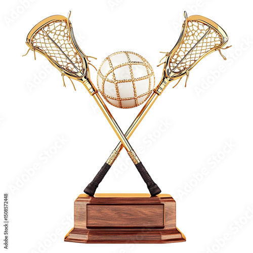 Lacrosse trophy with two golden sticks crossing behind a polished ball, resting on a carved wooden base isolated on tranparent background