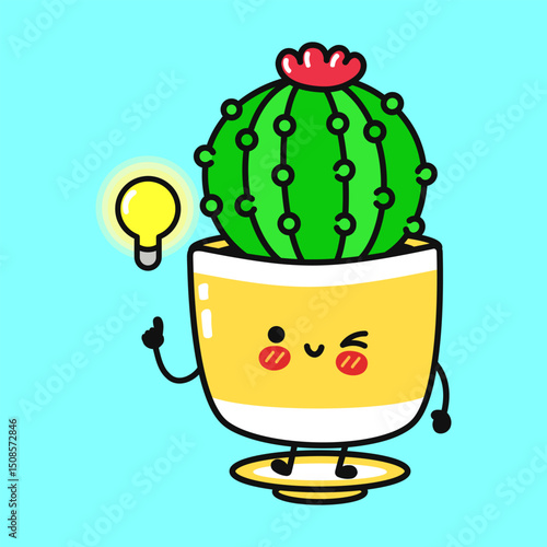 Cartoon cactus houseplant winking, lightbulb glowing overhead, expressing playful creativity with whimsical charm