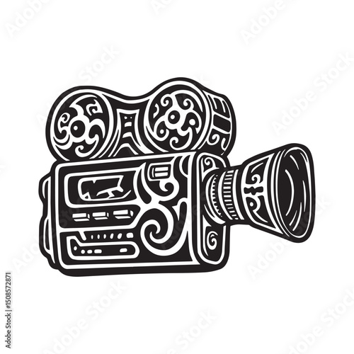 Tribal Tattoo Style Video Camera Icon Black and White Vector Art