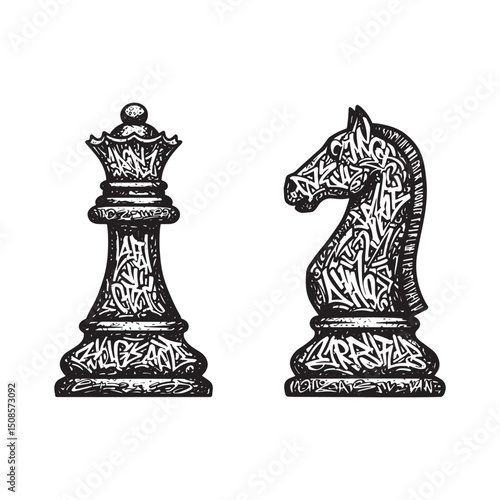 Queen and Knight Chess Pieces with Graffiti Accents in Vector Il