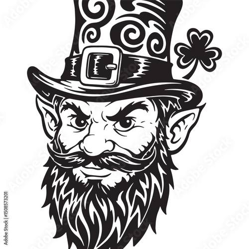 Monochrome vector illustration of a leprechaun with tribal tatto