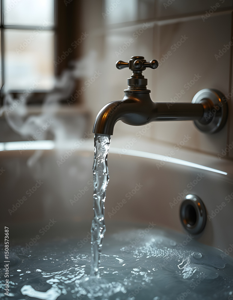 steaming hot water flowing from the faucet into a bubbling bathtub, dinamic scene. with white shades steaming hot water flowing from the faucet into a bubbling bathtub, dinamic scene. with white shades