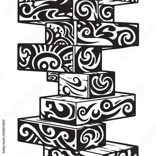 Stylized Jenga Tower with Tribal Tattoo Design for Merchandise P