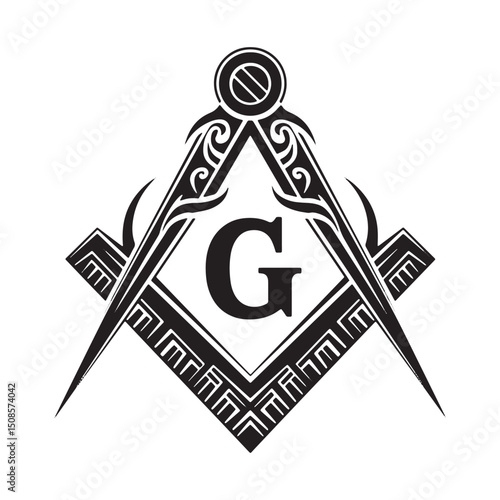 Masonic Square and Compass Icon with Tribal Tattoo Vector for Ap