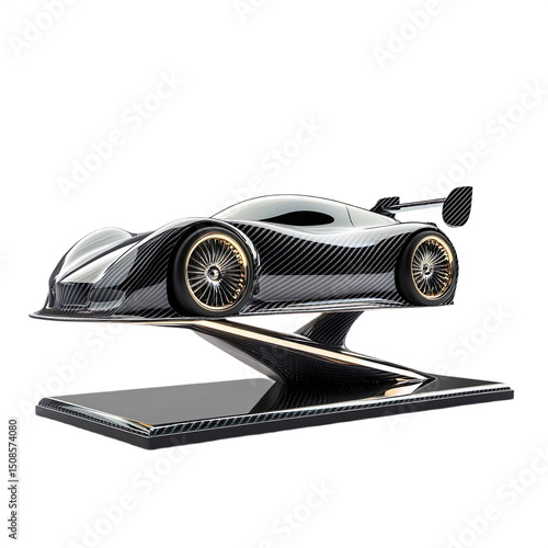 Racing car trophy with a miniature vehicle on an angled glass and carbon fiber base, chrome and steel detailing isolated on tranparent background