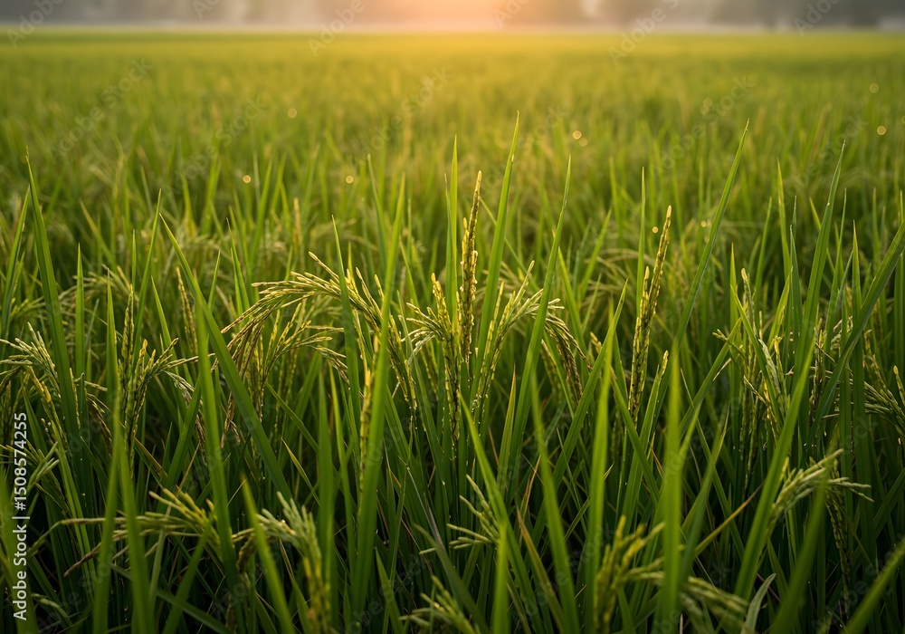 Fototapeta premium Lush Green Rice Paddy Field at Sunrise Agriculture, Farming, Crop, Nature, Environment.
