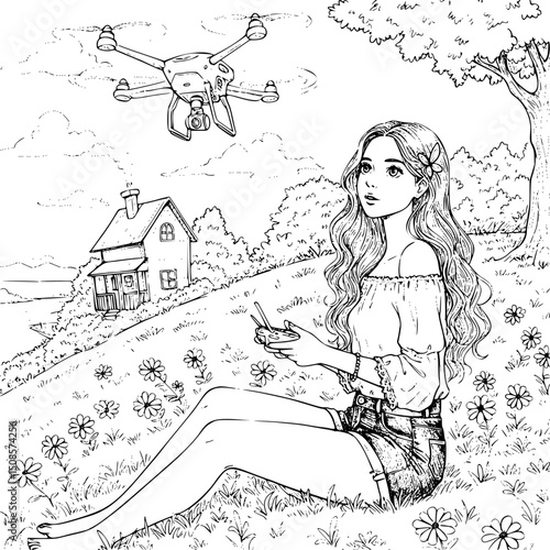 Girl controlling drone on a sunny day. Modern toys. Girl playing with drone sitting in a meadow with flowers. Sketch style vector illustration. EPS 10 version.