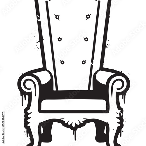 Stenciled black and white throne icon with dripping paint effect