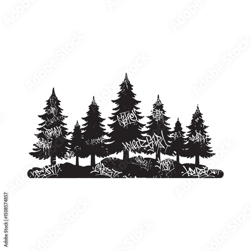 Boreal Forest with Graffiti Tags Black and White Vector Illustra