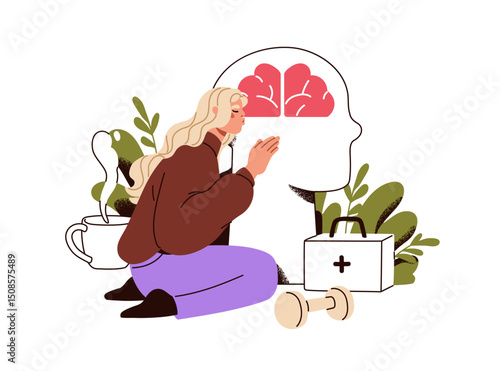 Mental health care. Psychotherapy, mind recovery, psychology concept. Support, aid for emotional healing, psychological self help, treatment. Flat vector illustration isolated on white background.