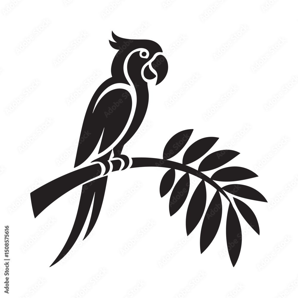 Fototapeta premium Elegant Black Parrot Vector Design Perched on a Branch - Tropical Bird Art