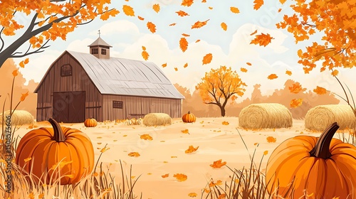 Autumnal farm scene with wooden barn and pumpkins.